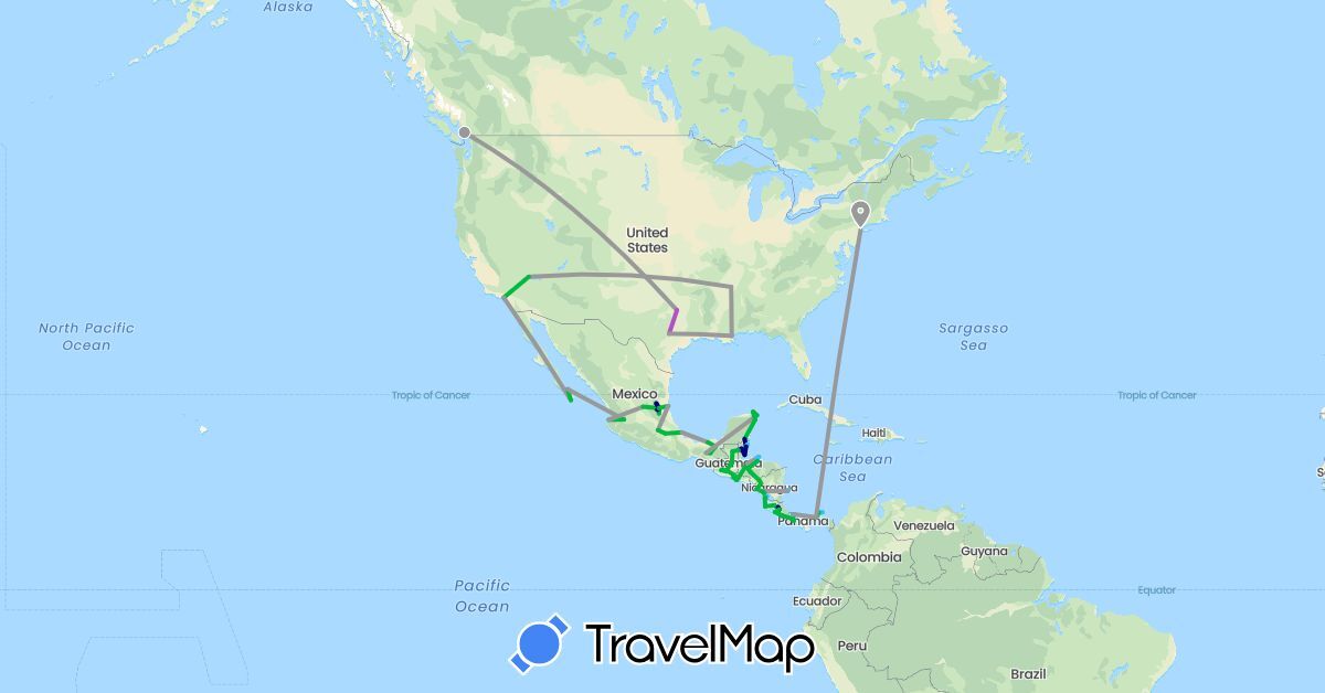TravelMap itinerary: driving, bus, plane, train, boat in Belize, Canada, Costa Rica, Guatemala, Honduras, Mexico, Nicaragua, Panama, El Salvador, United States (North America)