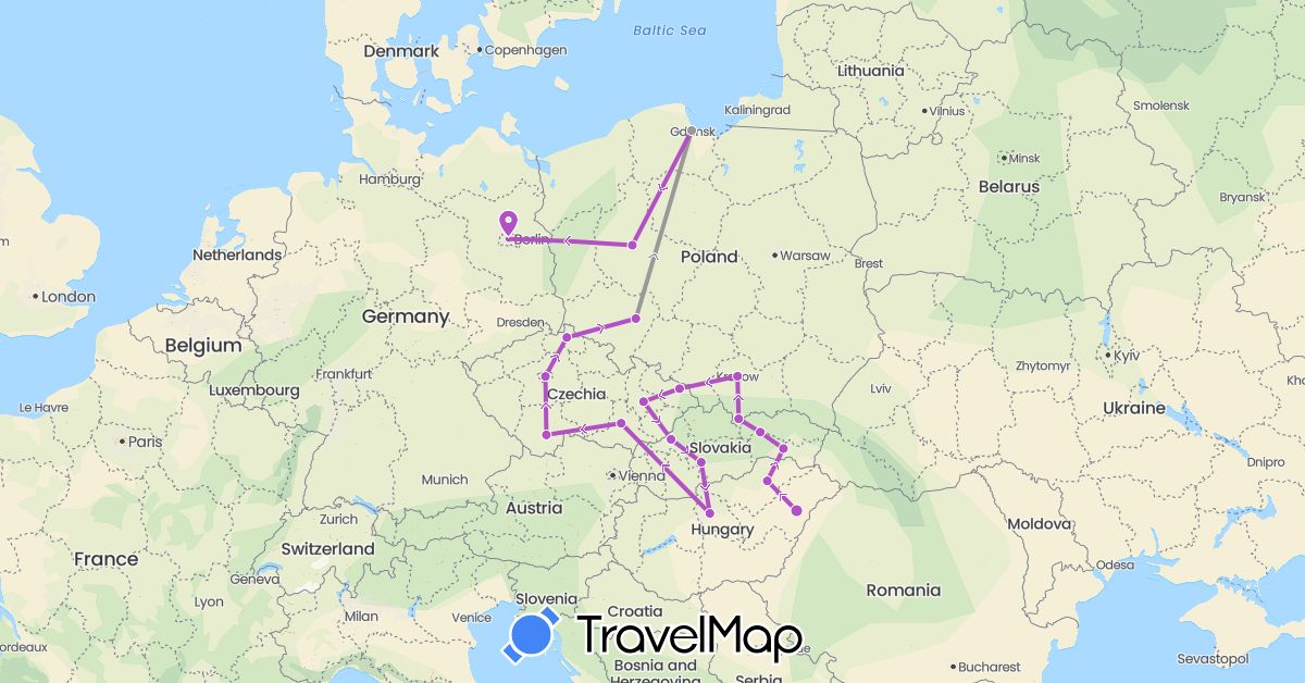 TravelMap itinerary: driving, plane, train in Czech Republic, Germany, Hungary, Poland, Slovakia (Europe)